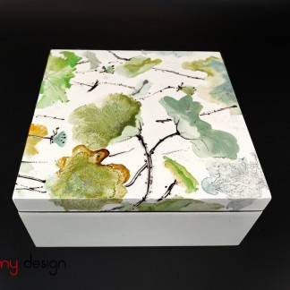 White square lacquer box hand painted with lotus leaf 20 cm